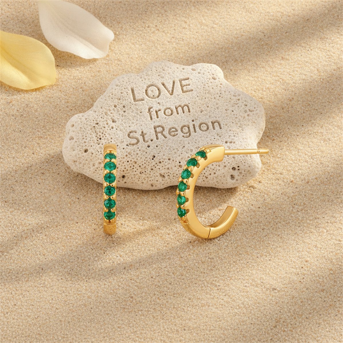 Green Cubic Zirconia and 18K Gold-Plated Huggie Earrings, gold huggie earrings, vintage-inspired design, lifestyle look