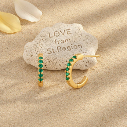 Green Cubic Zirconia and 18K Gold-Plated Huggie Earrings, gold huggie earrings, vintage-inspired design, lifestyle look