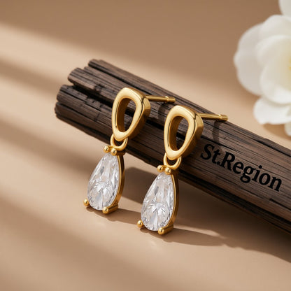 Crystal and 18K Gold-Plated Dangle Drop Earrings, gold drop earrings for women, elegant gift for her, front view