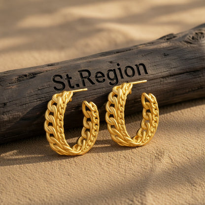 18K Gold-Plated Curb Chain Layered Huggie Earrings, gold huggie earrings, dainty minimalist design, front view
