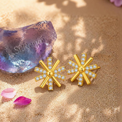 Cubic Zirconia and 18K Gold-Plated Snowflake Stud Earrings, gold stud earrings for women, everyday style, detail close-up