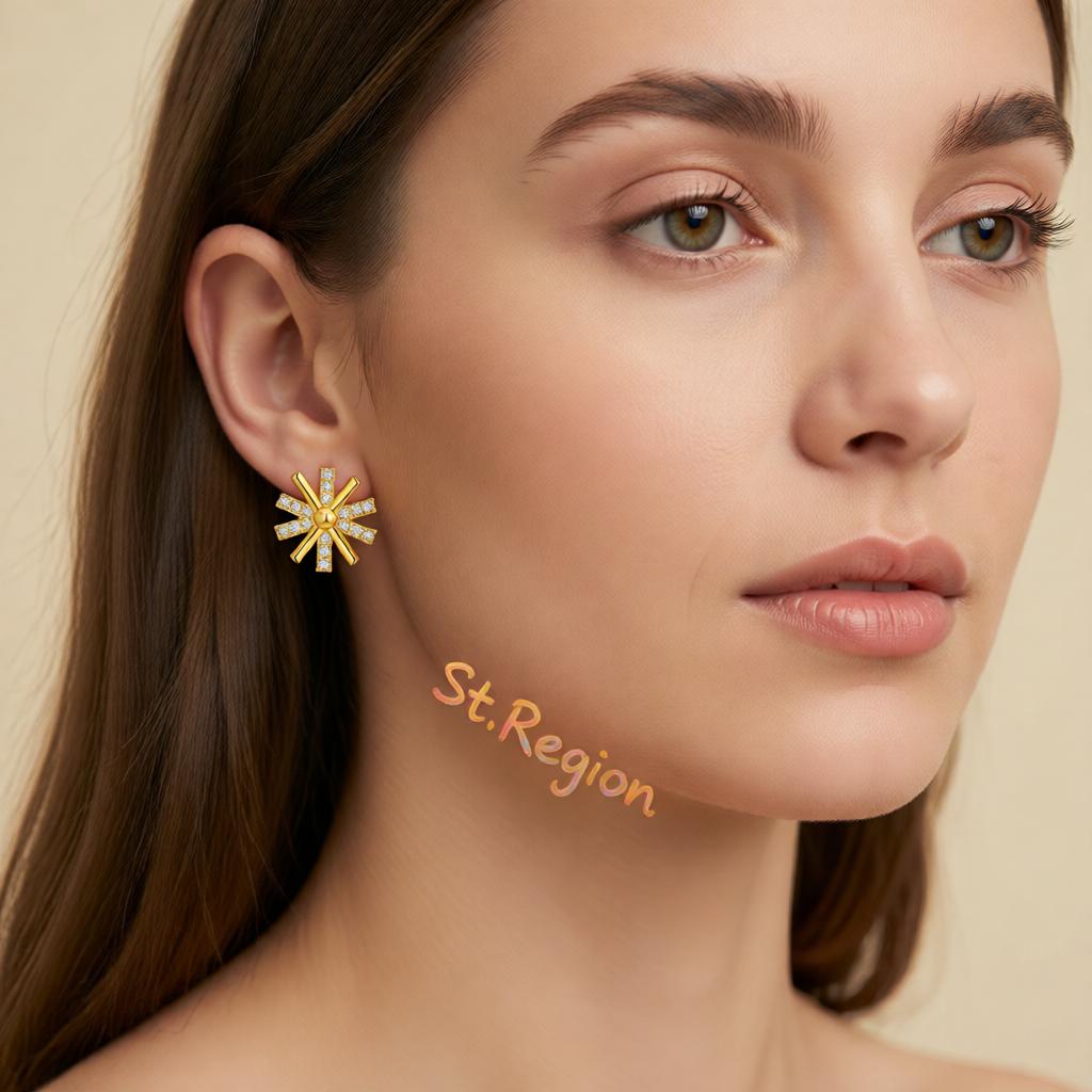 Cubic Zirconia and 18K Gold-Plated Snowflake Stud Earrings, gold stud earrings for women, everyday style, styled look