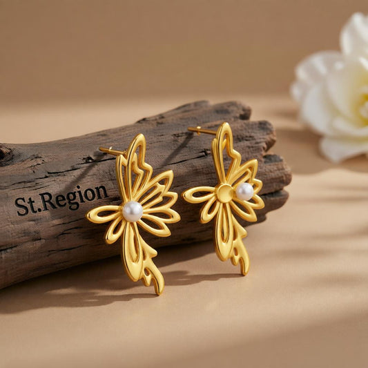 Pearl & 18K Gold-Plated Open Butterfly Stud Earrings
