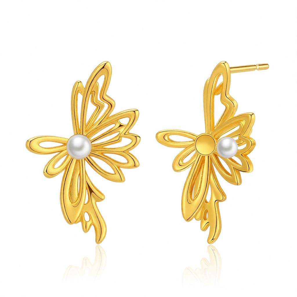 Pearl and 18K Gold-Plated Open Butterfly Stud Earrings, cubic zirconia stud earrings for women, side view