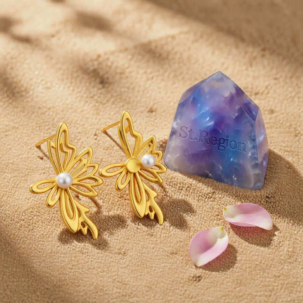 Pearl and 18K Gold-Plated Open Butterfly Stud Earrings, cubic zirconia stud earrings for women, detail close-up