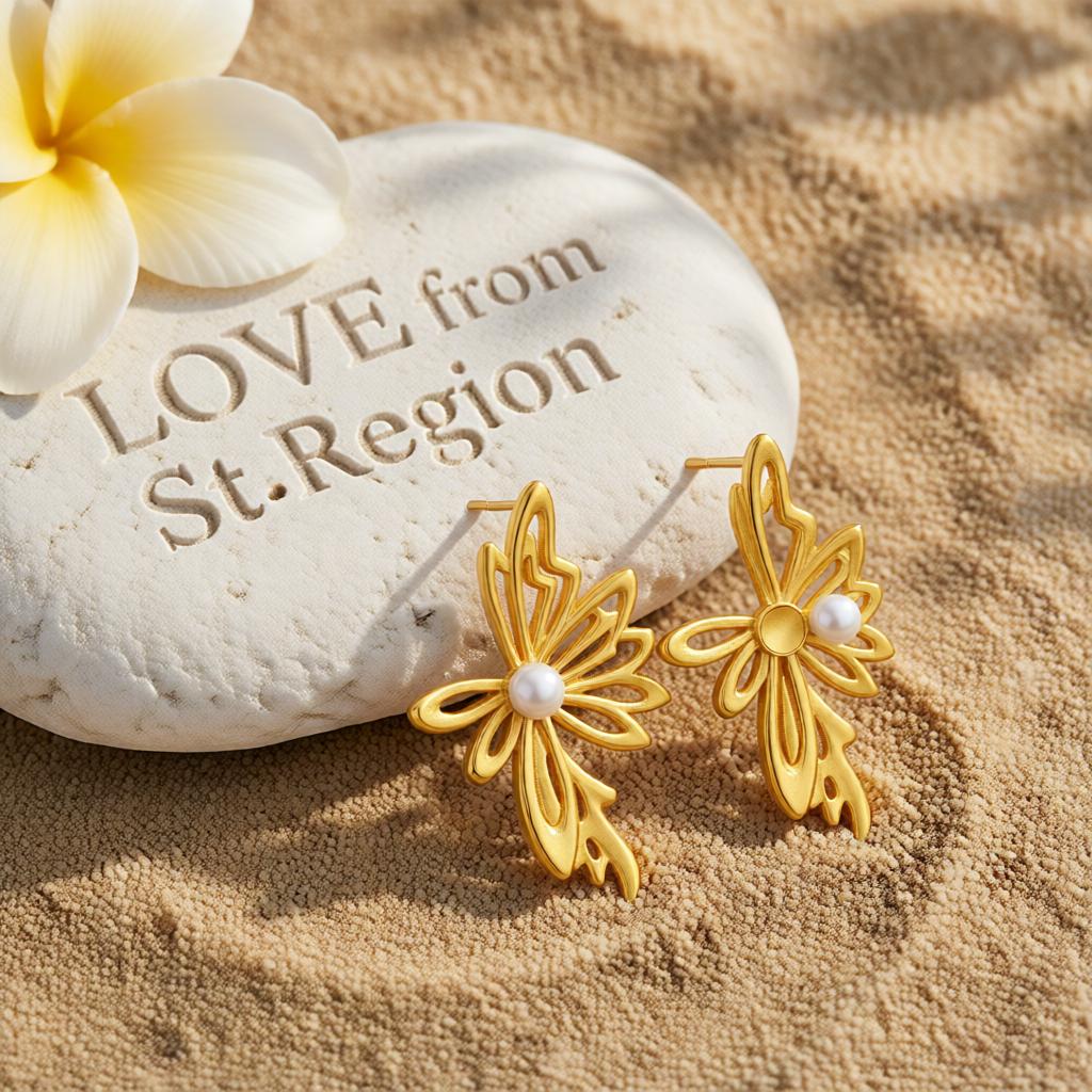Pearl and 18K Gold-Plated Open Butterfly Stud Earrings, cubic zirconia stud earrings for women, lifestyle look