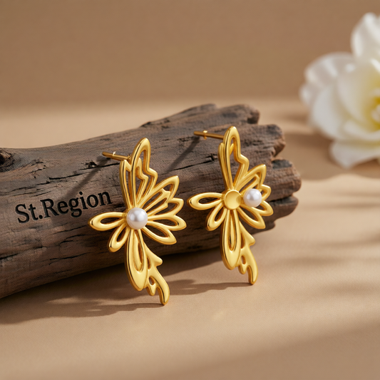 Pearl & 18K Gold-Plated Open Butterfly Stud Earrings