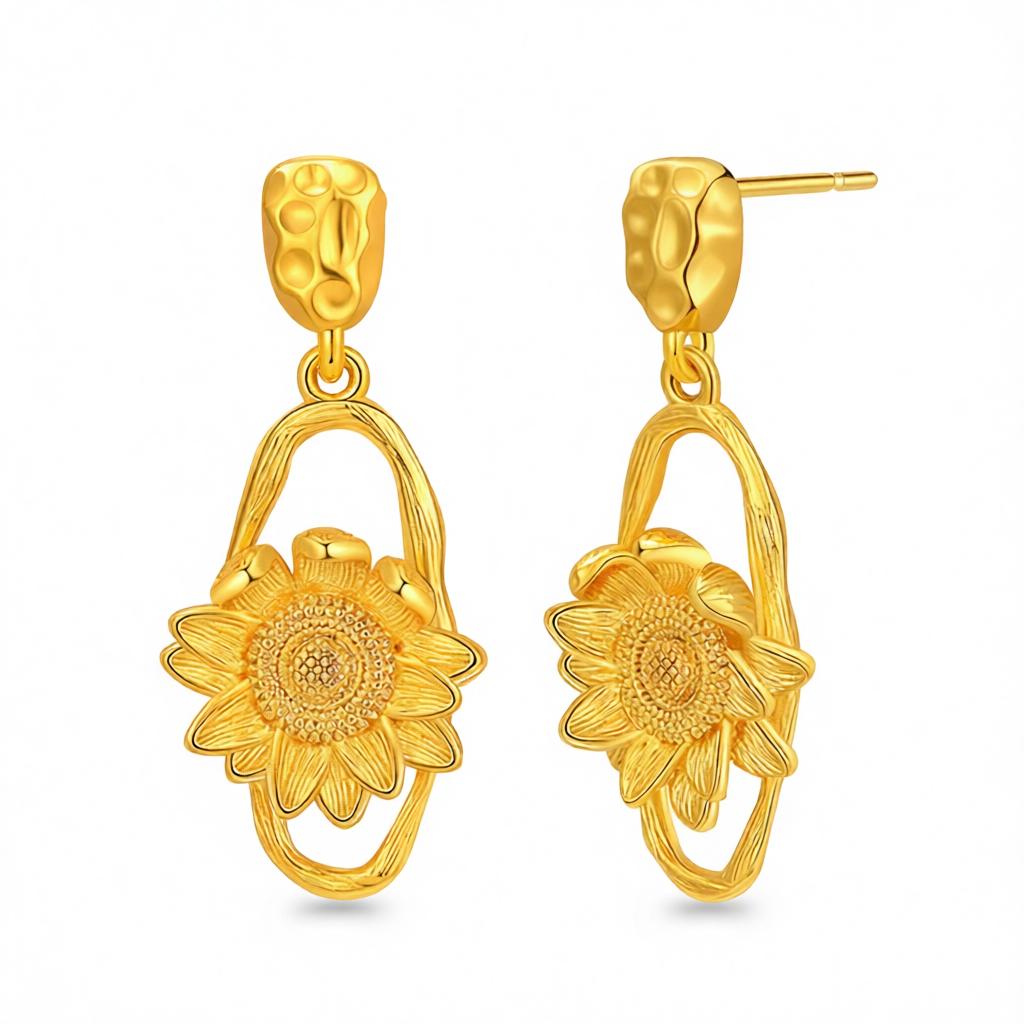 18K Gold-Plated Sunflower Oval Drop Earrings, gold drop earrings for women, dainty minimalist design, side view