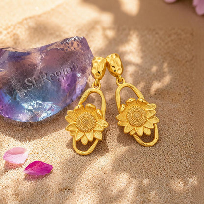 18K Gold-Plated Sunflower Oval Drop Earrings, gold drop earrings for women, dainty minimalist design, detail close-up