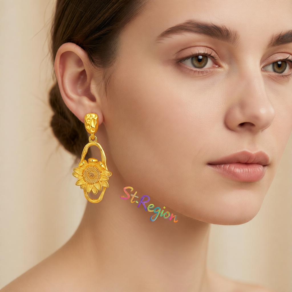 18K Gold-Plated Sunflower Oval Drop Earrings, gold drop earrings for women, dainty minimalist design, styled look