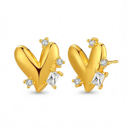 Crystal and Cubic Zirconia 18K Gold-Plated Heart Stud Earrings, gold stud earrings for women, elegant gift for her, side view