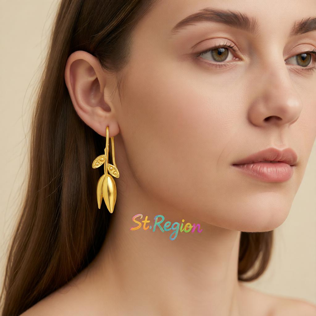 18K Gold-Plated Rose Drop Earrings, gold drop earrings for women, botanical inspired, styled look