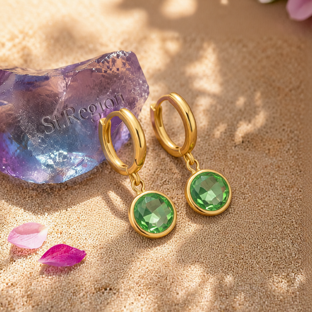 Light Green Crystal & 18K Gold-Plated Round Huggie Earrings
