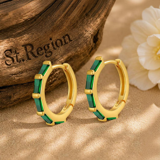 Green Crystal & 18K Gold-Plated Baguette Huggie Earrings