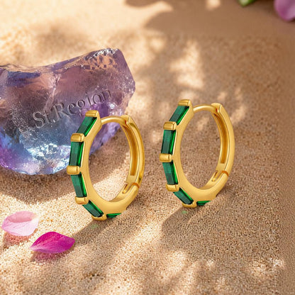 Green Crystal and 18K Gold-Plated Baguette Huggie Earrings, gold huggie earrings, dainty minimalist design, detail close-up