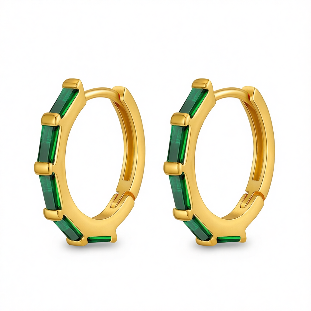 Green Crystal & 18K Gold-Plated Baguette Huggie Earrings
