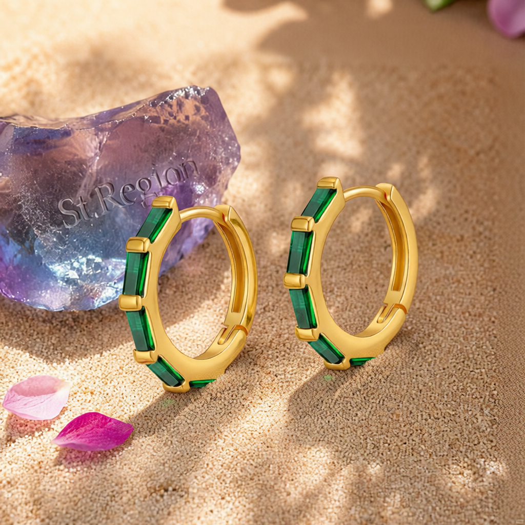 Green Crystal & 18K Gold-Plated Baguette Huggie Earrings