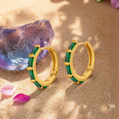 Green Crystal & 18K Gold-Plated Baguette Huggie Earrings