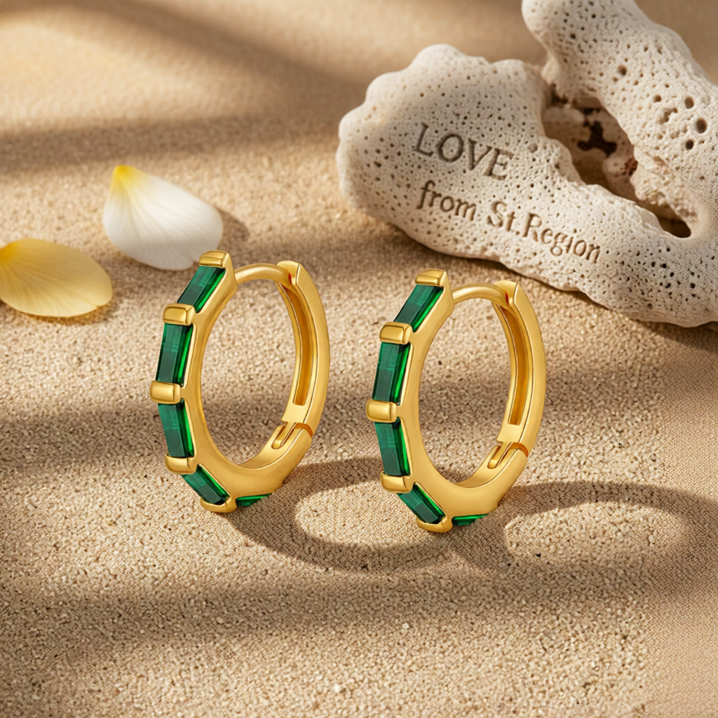 Green Crystal & 18K Gold-Plated Baguette Huggie Earrings
