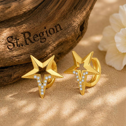 Cubic Zirconia and 18K Gold-Plated Star Huggie Earrings, gold huggie earrings, elegant gift for her, front view