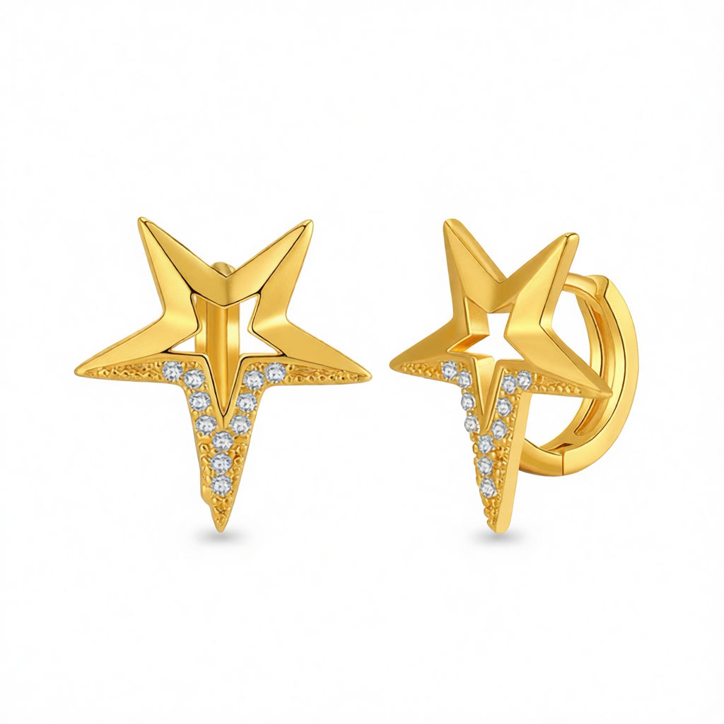 Cubic Zirconia & 18K Gold-Plated Star Huggie Earrings