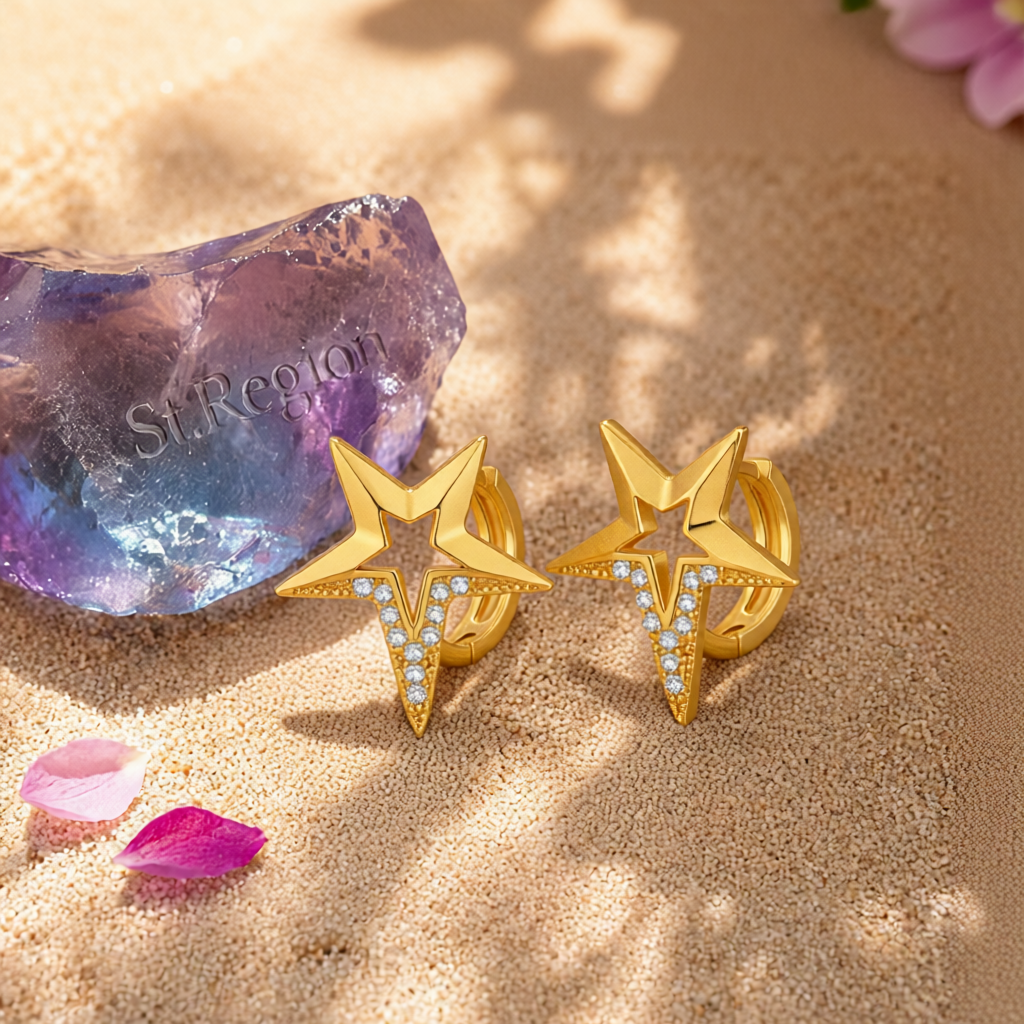 Cubic Zirconia & 18K Gold-Plated Star Huggie Earrings