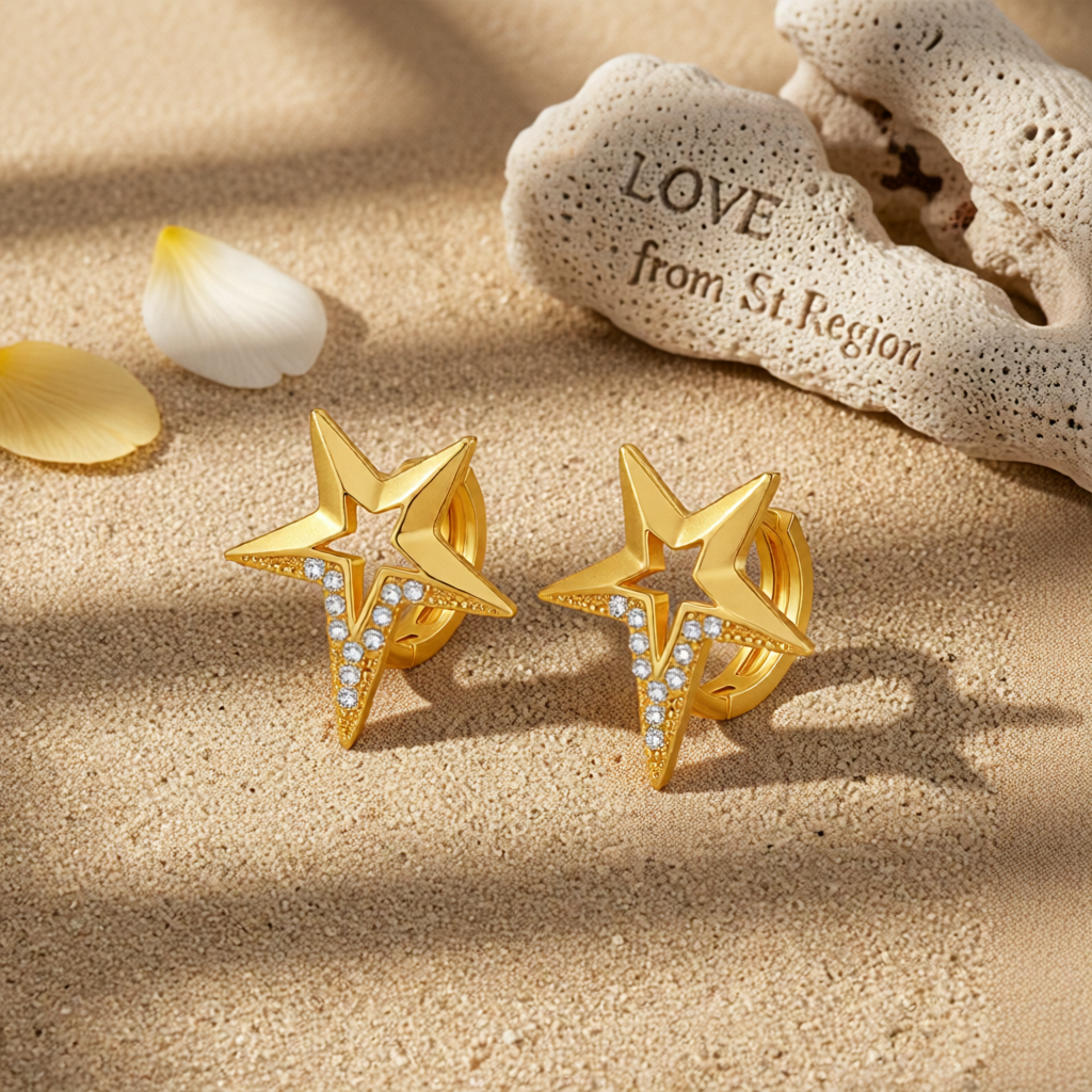 Cubic Zirconia & 18K Gold-Plated Star Huggie Earrings