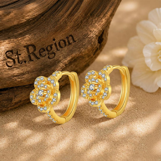 Cubic Zirconia and 18K Gold-Plated Flower Huggie Earring, gold huggie earrings, elegant gift for her, front view