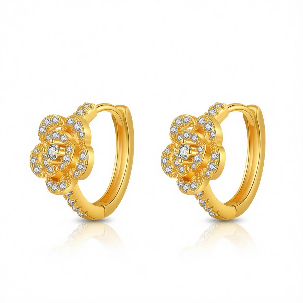 Cubic Zirconia and 18K Gold-Plated Flower Huggie Earring, gold huggie earrings, elegant gift for her, side view