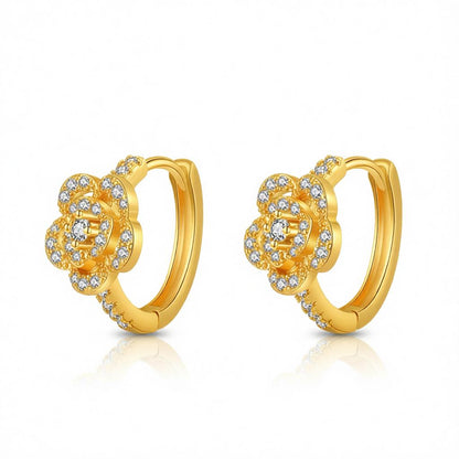 Cubic Zirconia and 18K Gold-Plated Flower Huggie Earring, gold huggie earrings, elegant gift for her, side view