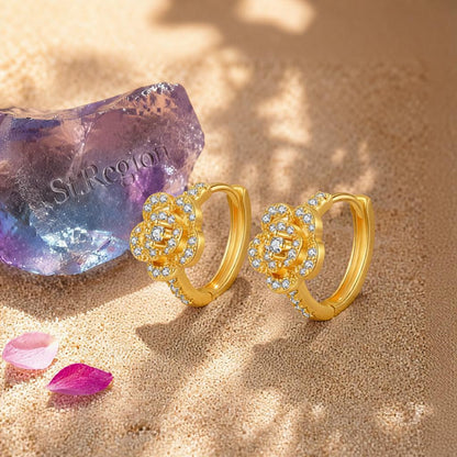 Cubic Zirconia and 18K Gold-Plated Flower Huggie Earring, gold huggie earrings, elegant gift for her, detail close-up