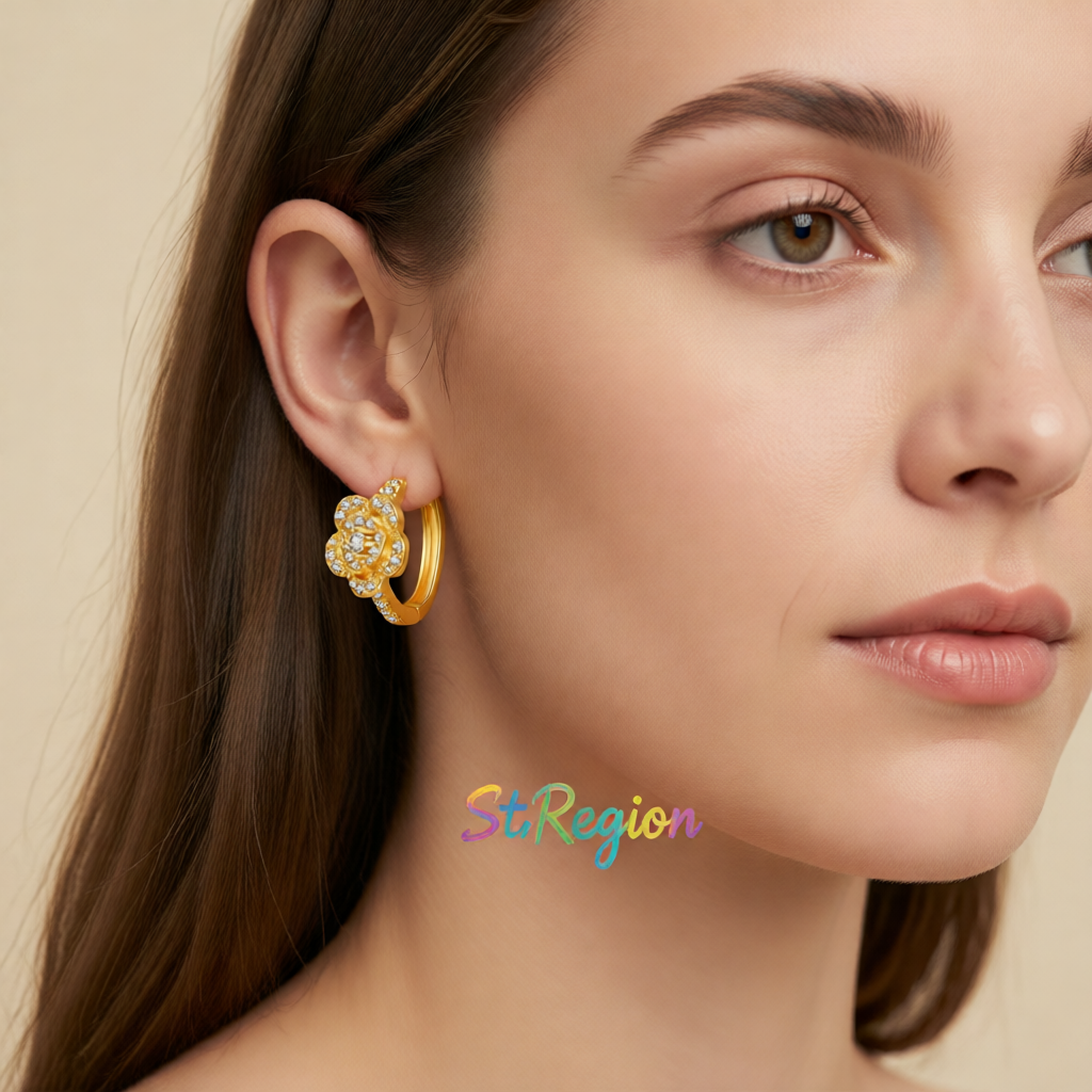 Cubic Zirconia & 18K Gold-Plated Flower Huggie Earring