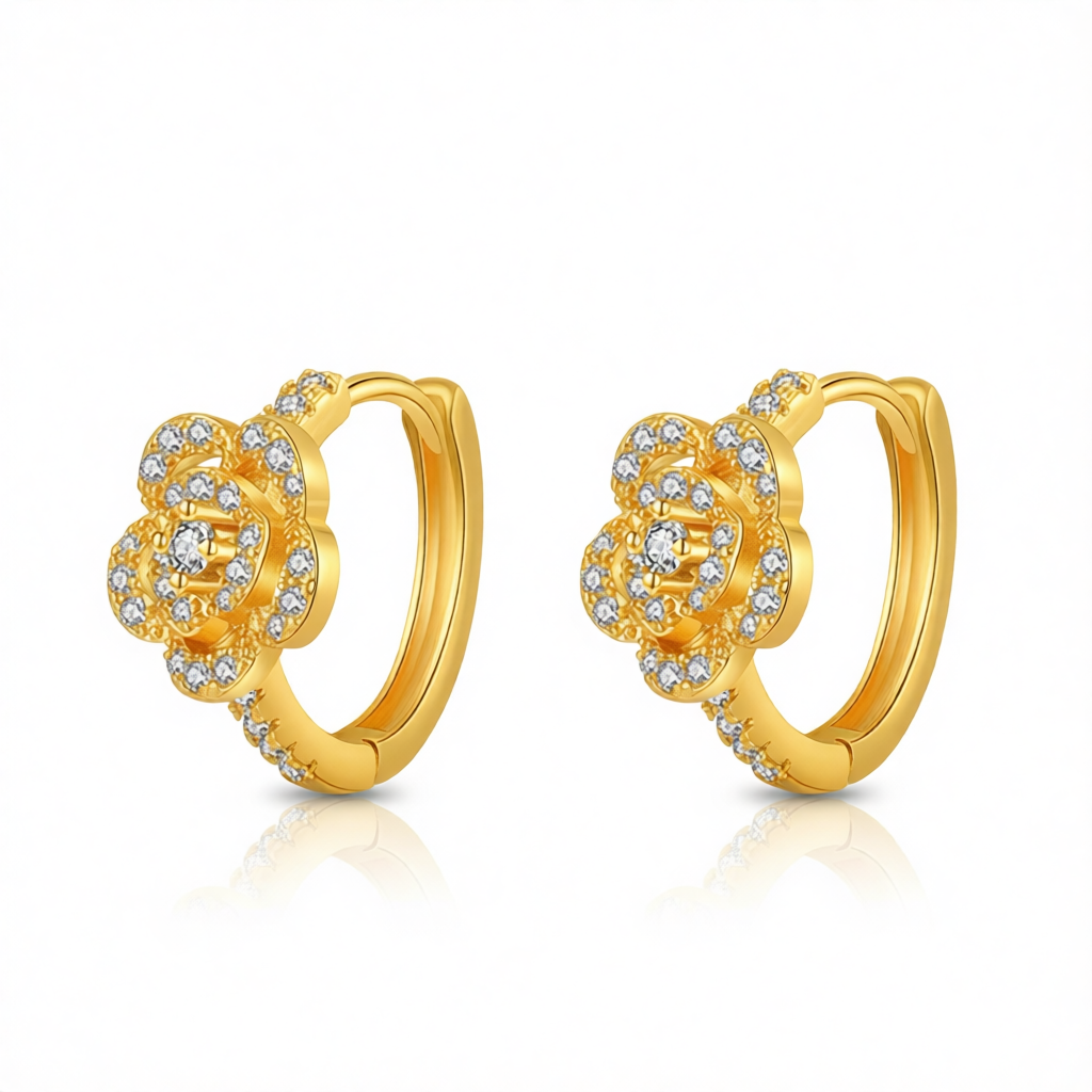 Cubic Zirconia & 18K Gold-Plated Flower Huggie Earring