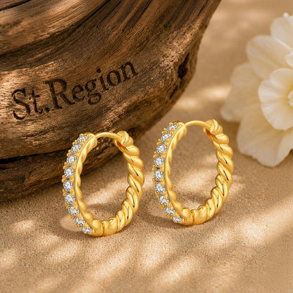Clear Cubic Zirconia and 18K Gold-Plated Twine Huggie Earrings, gold huggie earrings, vintage-inspired design, front view