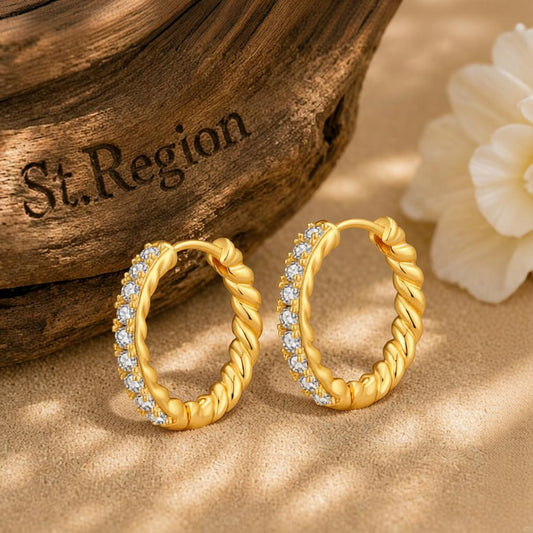 Clear Cubic Zirconia and 18K Gold-Plated Twine Huggie Earrings, gold huggie earrings, vintage-inspired design, front view
