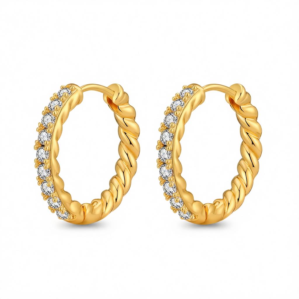 Clear Cubic Zirconia and 18K Gold-Plated Twine Huggie Earrings, gold huggie earrings, vintage-inspired design, side view