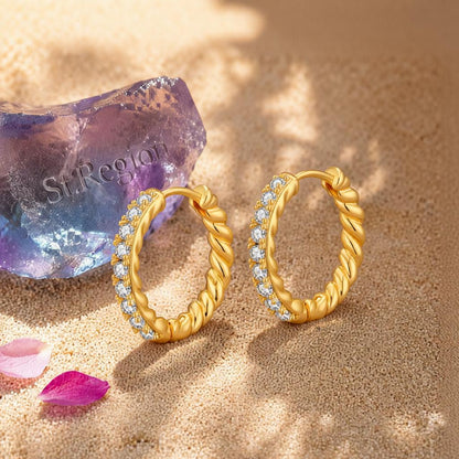 Clear Cubic Zirconia and 18K Gold-Plated Twine Huggie Earrings, gold huggie earrings, detail close-up