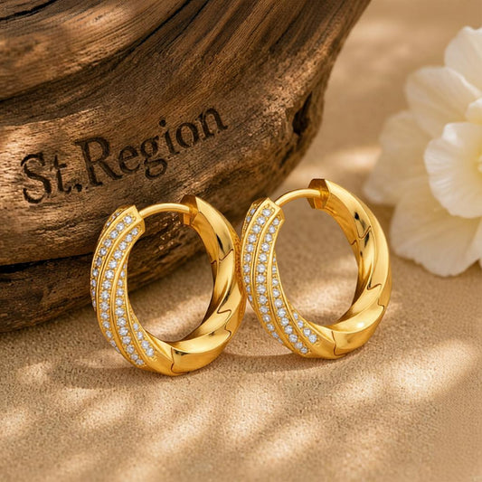 Cubic Zirconia and 18K Gold-Plated Twisted Huggie Earrings, gold huggie earrings, dainty minimalist design, front view