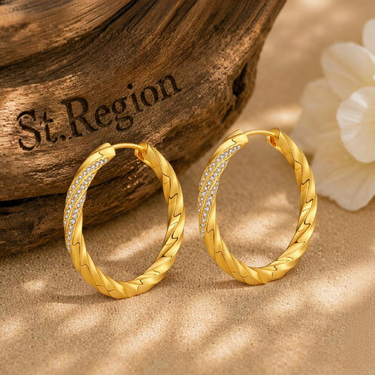 Cubic Zirconia and 18K Gold-Plated Twisted Hoop Earrings, gold hoop earrings for women, everyday style, front view