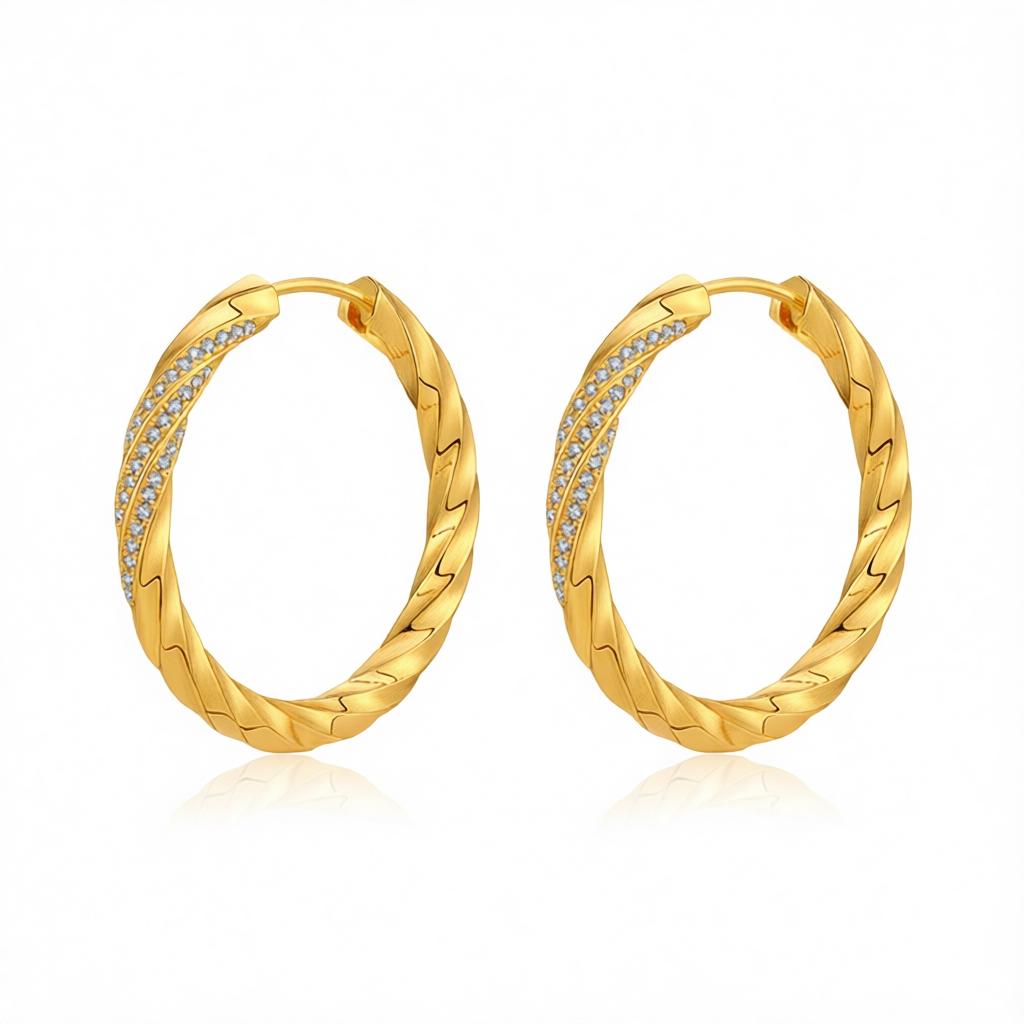 Cubic Zirconia and 18K Gold-Plated Twisted Hoop Earrings, gold hoop earrings for women, everyday style, side view