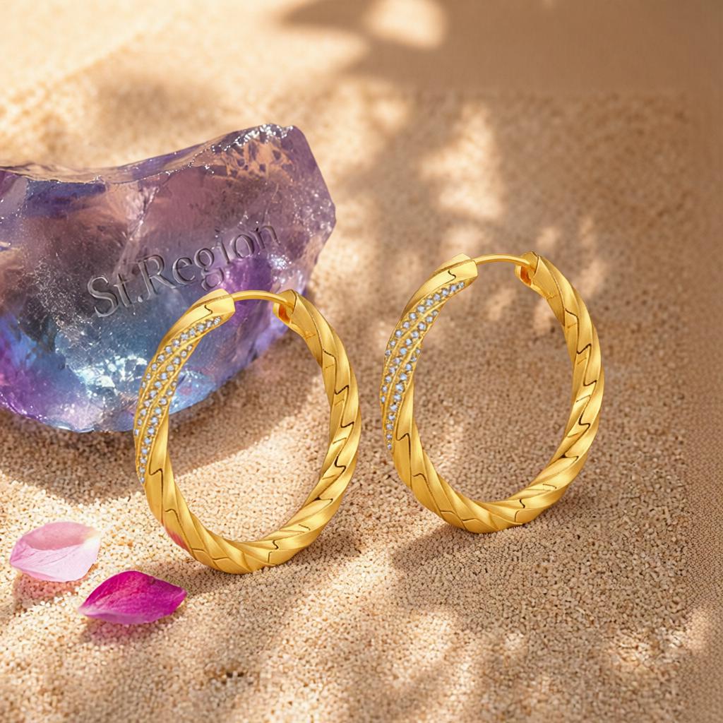 Cubic Zirconia and 18K Gold-Plated Twisted Hoop Earrings, gold hoop earrings for women, everyday style, detail close-up