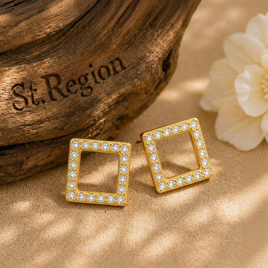 Cubic Zirconia and 18K Gold-Plated Square Stud Earrings, cubic zirconia stud earrings for women, front view