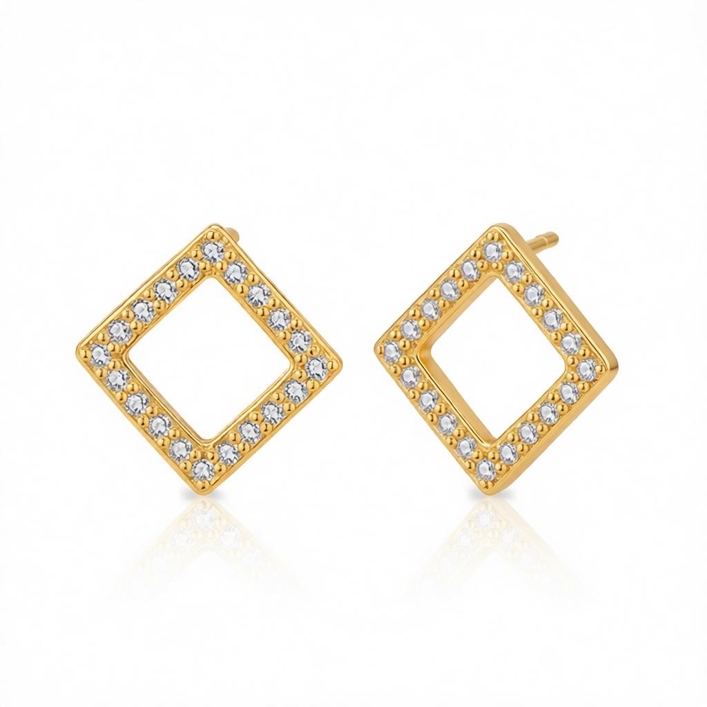 Cubic Zirconia and 18K Gold-Plated Square Stud Earrings, gold stud earrings for women, dainty minimalist design, side view