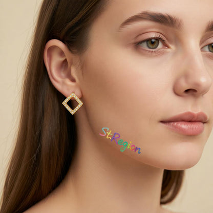 Cubic Zirconia and 18K Gold-Plated Square Stud Earrings, gold stud earrings for women, dainty minimalist design, styled look