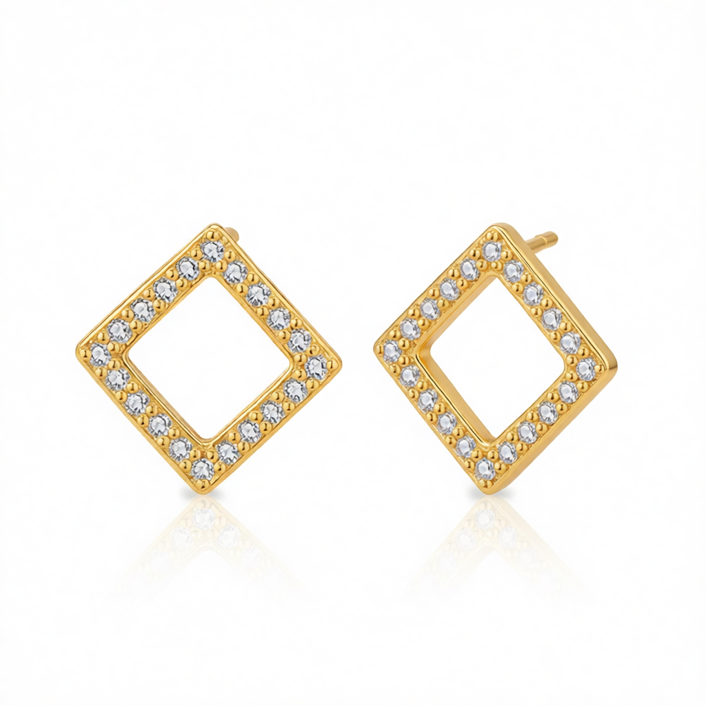 Cubic Zirconia & 18K Gold-Plated Square Stud Earrings