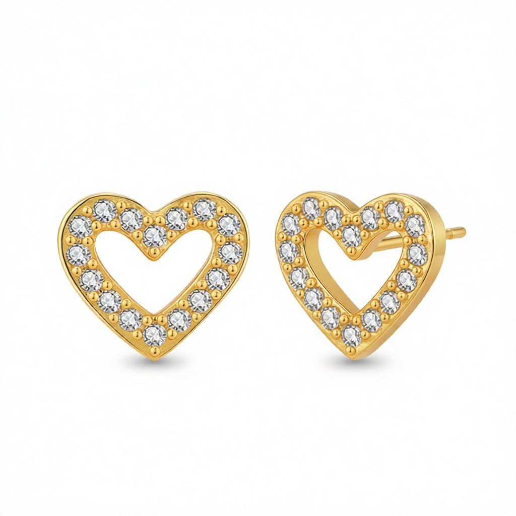 Cubic Zirconia and 18K Gold-Plated Heart Stud Earring, gold stud earrings for women, dainty minimalist design, side view