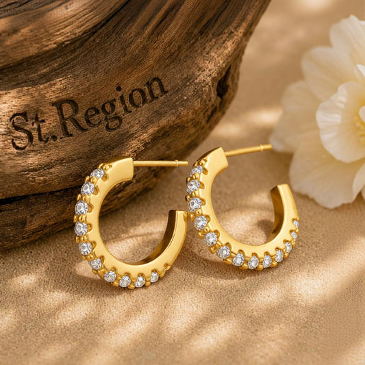 Cubic Zirconia and 18K Gold-Plated Open Huggie Earrings, gold huggie earrings, everyday style, front view
