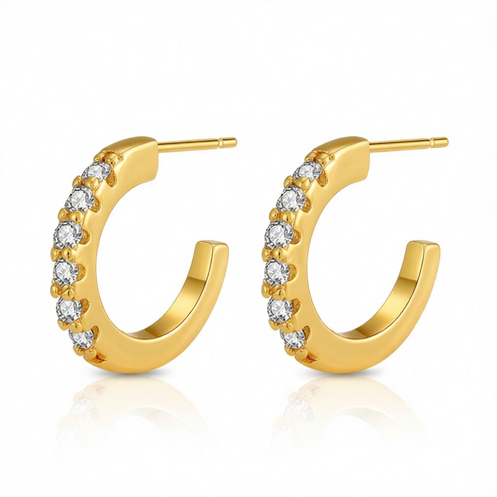 Cubic Zirconia and 18K Gold-Plated Open Huggie Earrings, gold huggie earrings, everyday style, side view