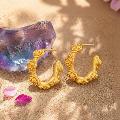 18K Gold-Plated Rose Huggie Earrings, gold huggie earrings, elegant gift for her, detail close-up
