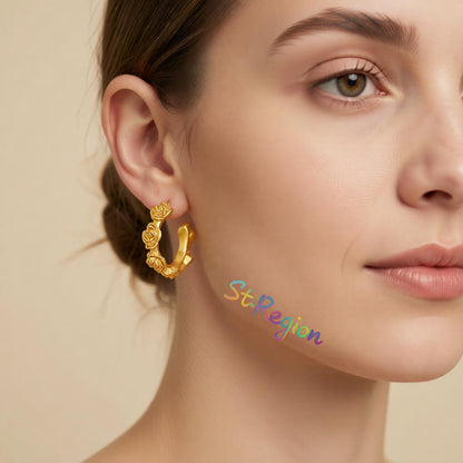 18K Gold-Plated Rose Huggie Earrings, gold huggie earrings, elegant gift for her, styled look